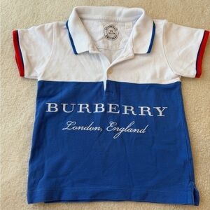 Burberry London Kids Collared Polo in Blue and White with Red Accents Stripes